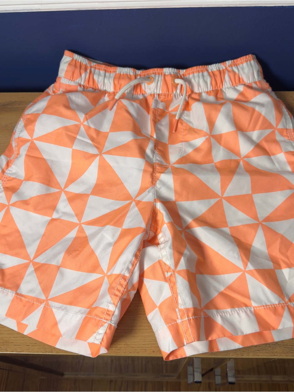 GAP Kids Orange & White Geometric Swim Trunks Size 14/16 with Drawstring